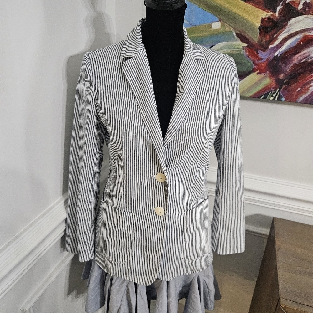 The Impeccable Pig Skort Sz S Flouce Detail & Drawstring Chambray Blue Stripped - Picture 2 of 14